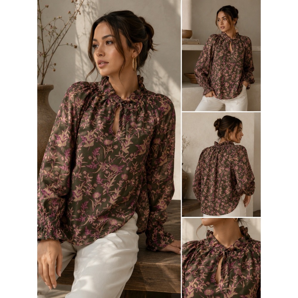 Olivia James The Label Floral Blouse M Green Pink Ruffle Neck Tie Front Boho Top